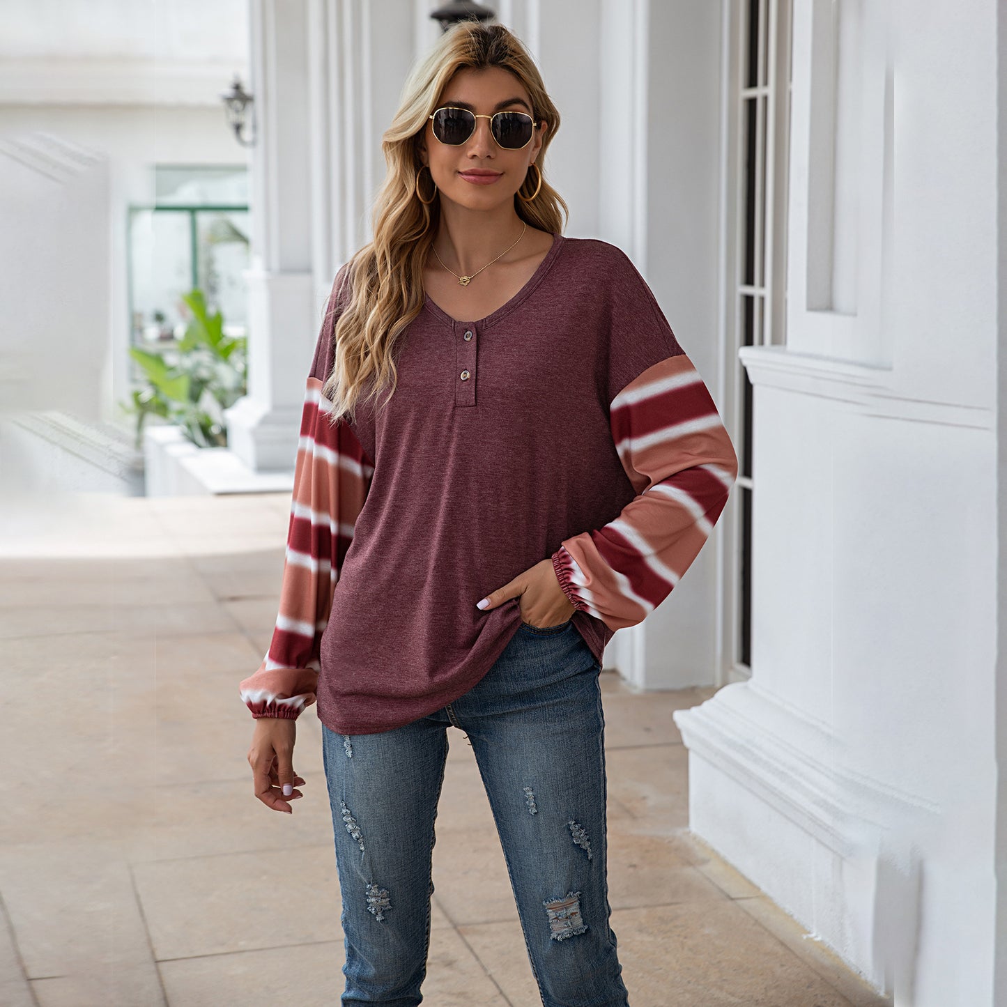 Camiseta de manga larga a rayas Henley