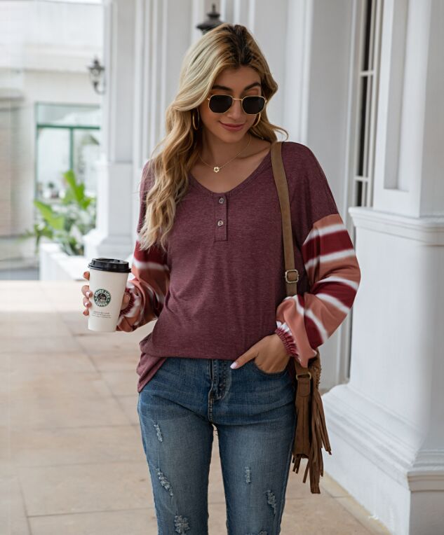 Camiseta de manga larga a rayas Henley