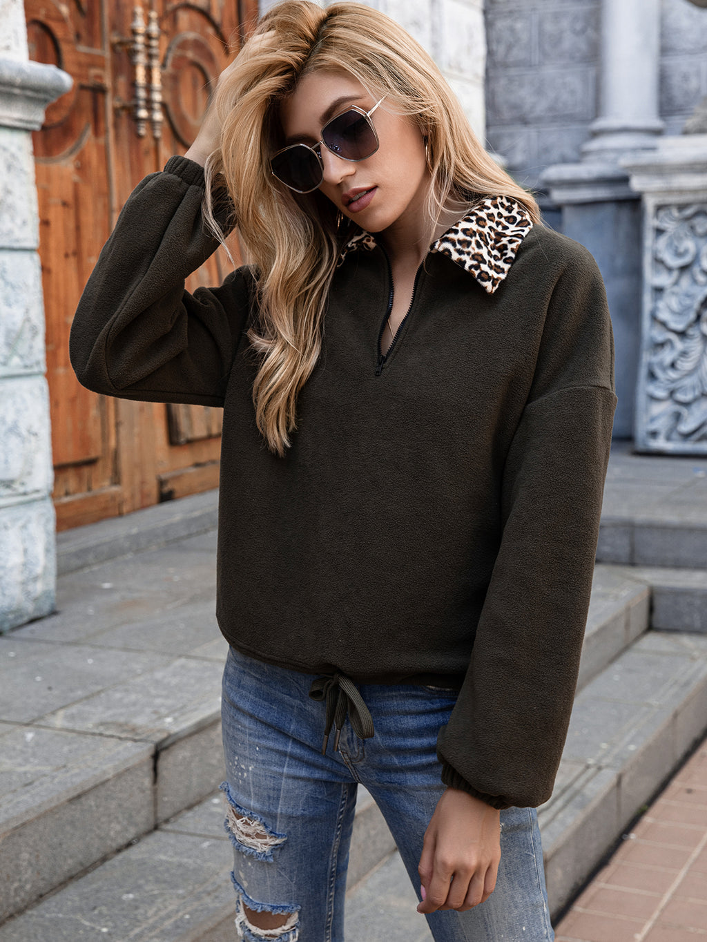 Leopard Collar Quarter Zip