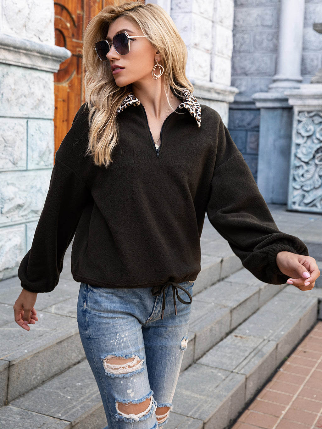 Leopard Collar Quarter Zip