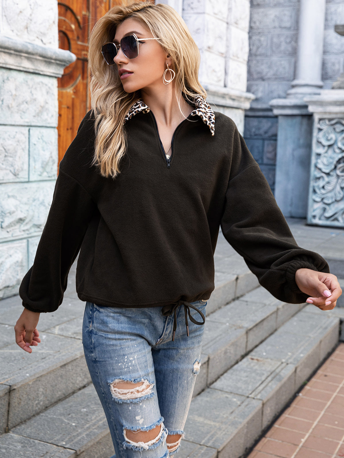 Leopard Collar Quarter Zip
