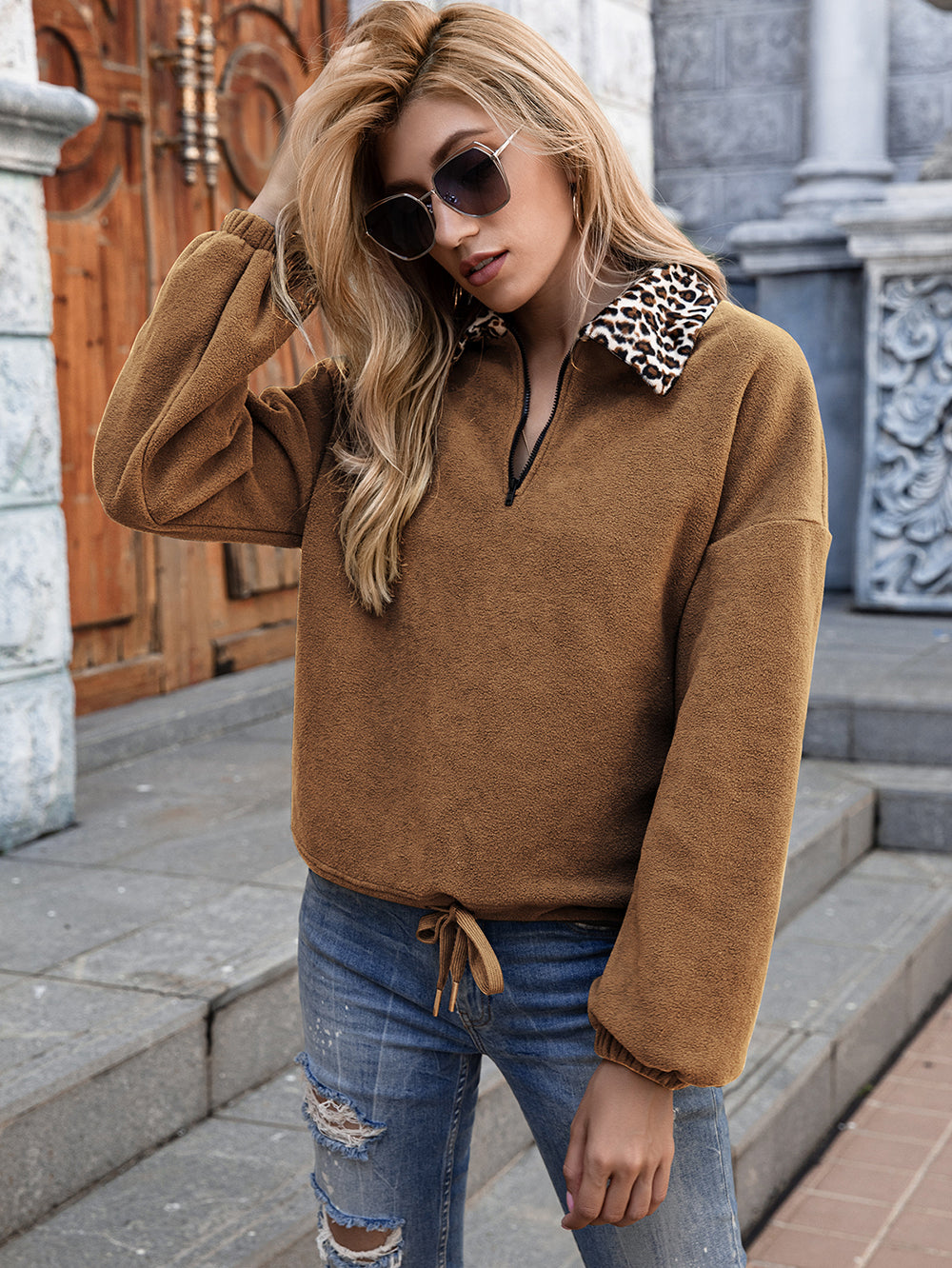 Leopard Collar Quarter Zip