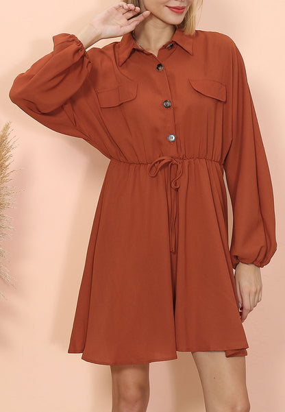 Vestido con volantes, mangas farol y cuello abotonado