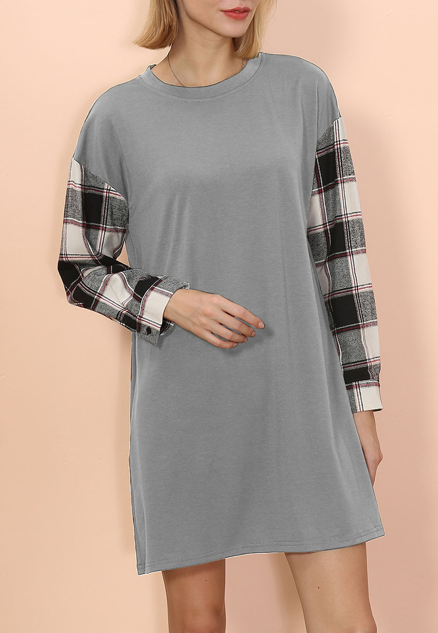 Long Sleeve Plaid Print T-Shirt Dress