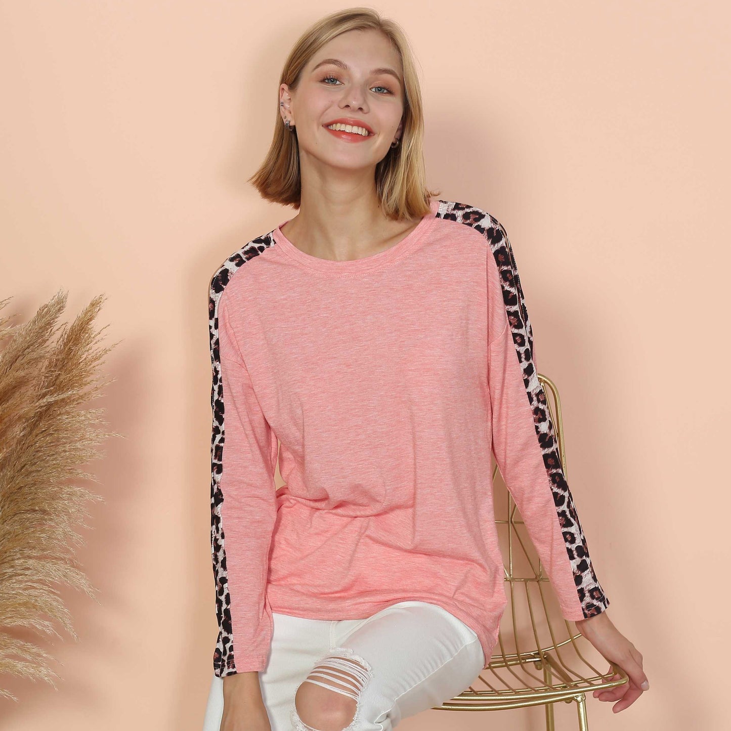 Leopard Slit Long Sleeve Top