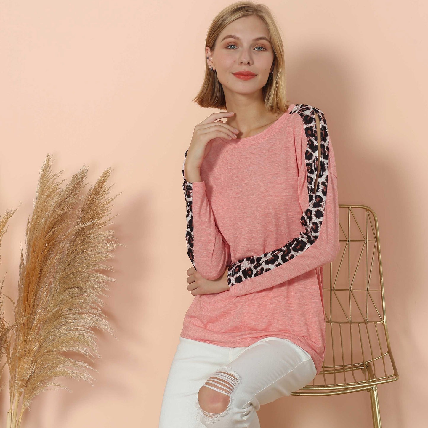 Leopard Slit Long Sleeve Top