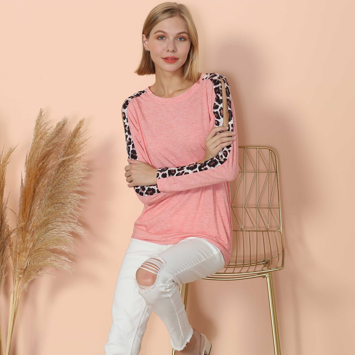 Leopard Slit Long Sleeve Top