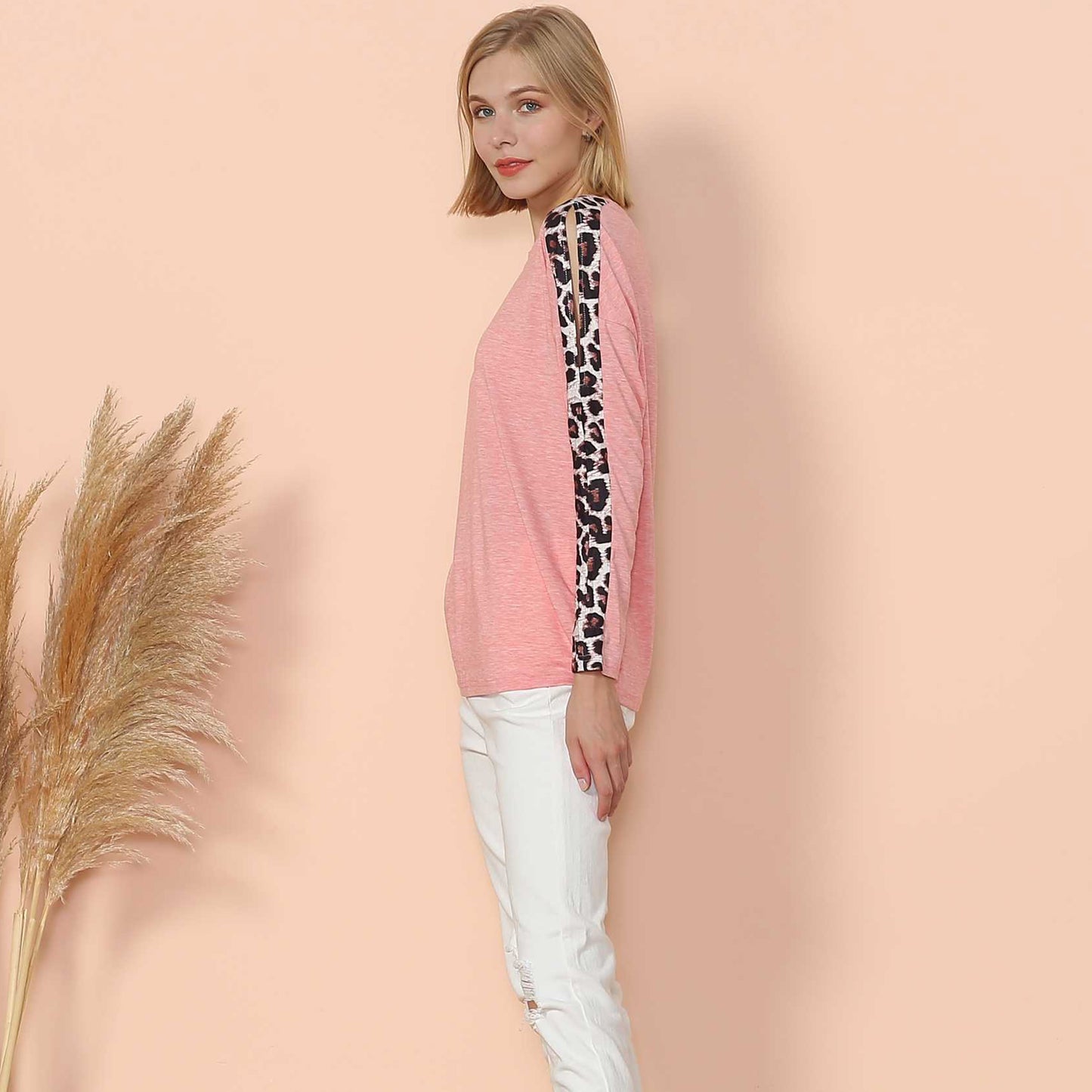 Leopard Slit Long Sleeve Top