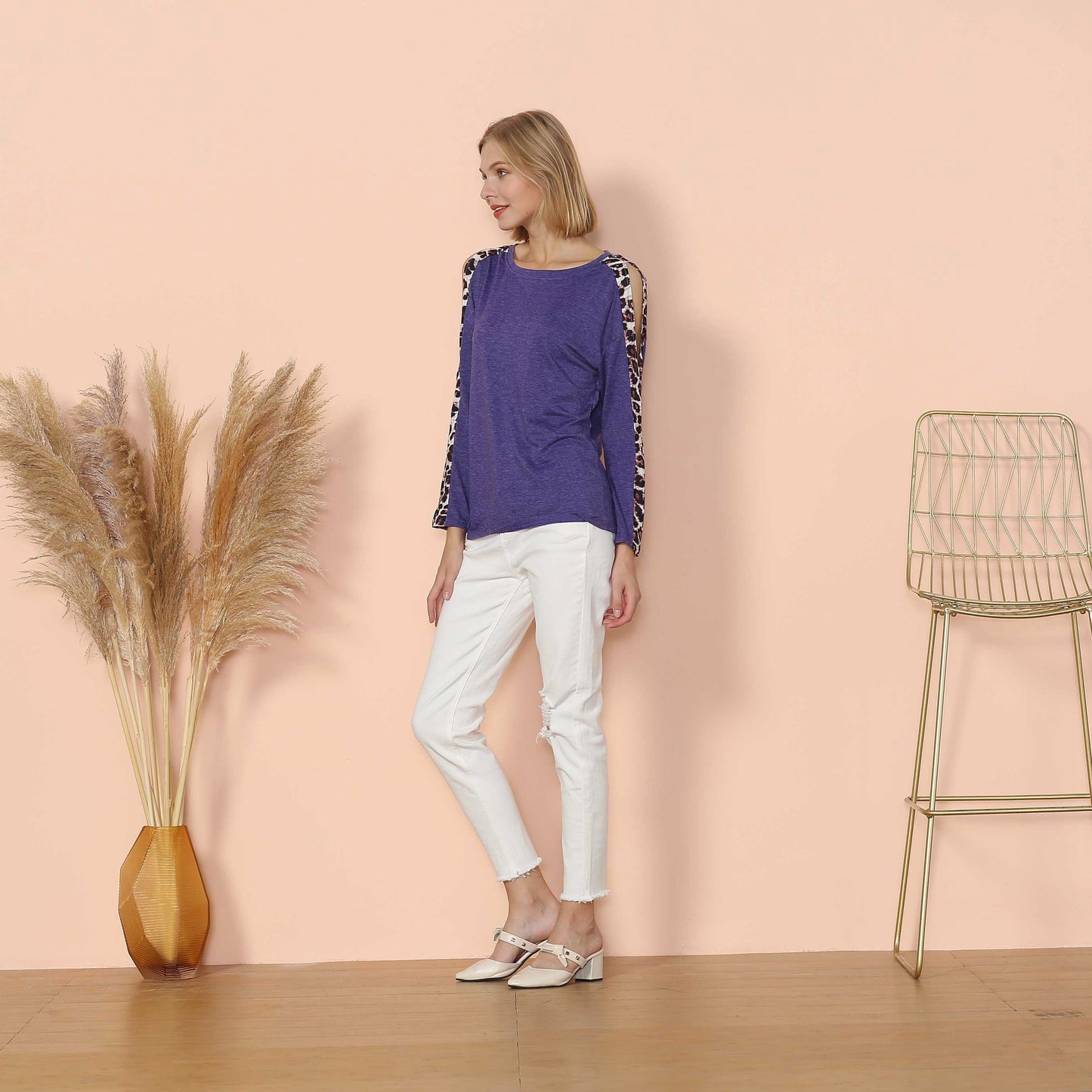 Leopard Slit Long Sleeve Top