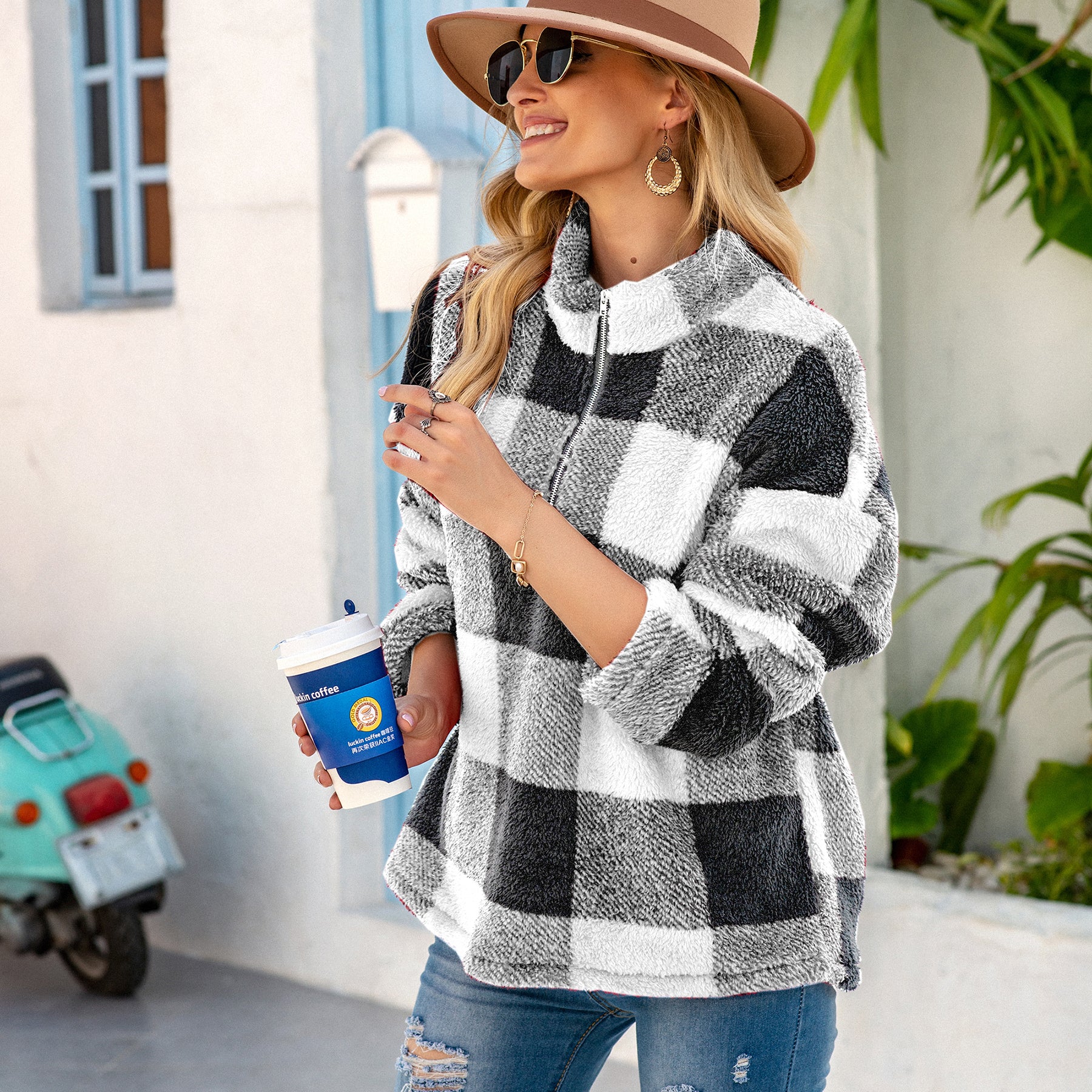Suéter con cuello alto y cremallera de 1/4 de Buffalo Plaid