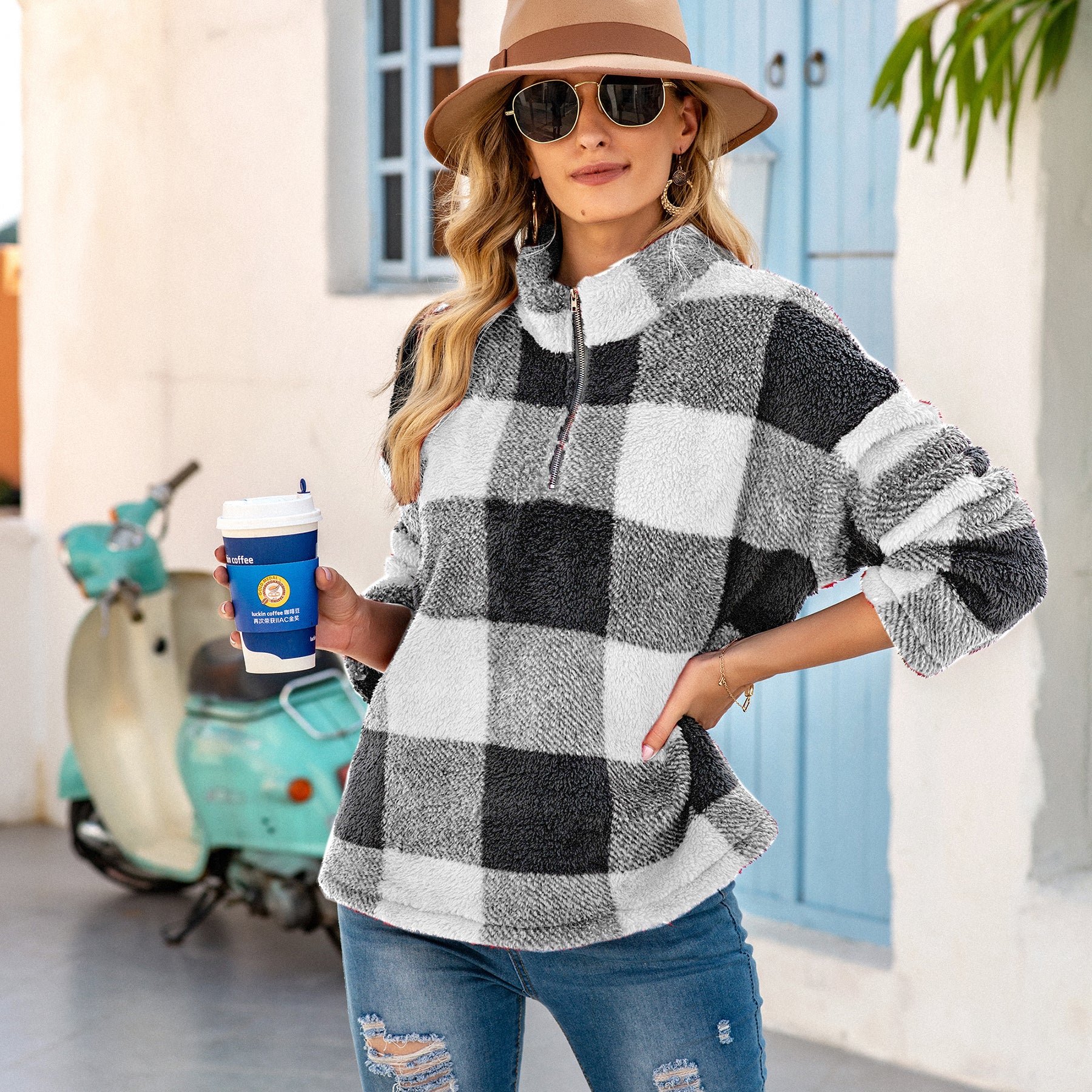 Suéter con cuello alto y cremallera de 1/4 de Buffalo Plaid