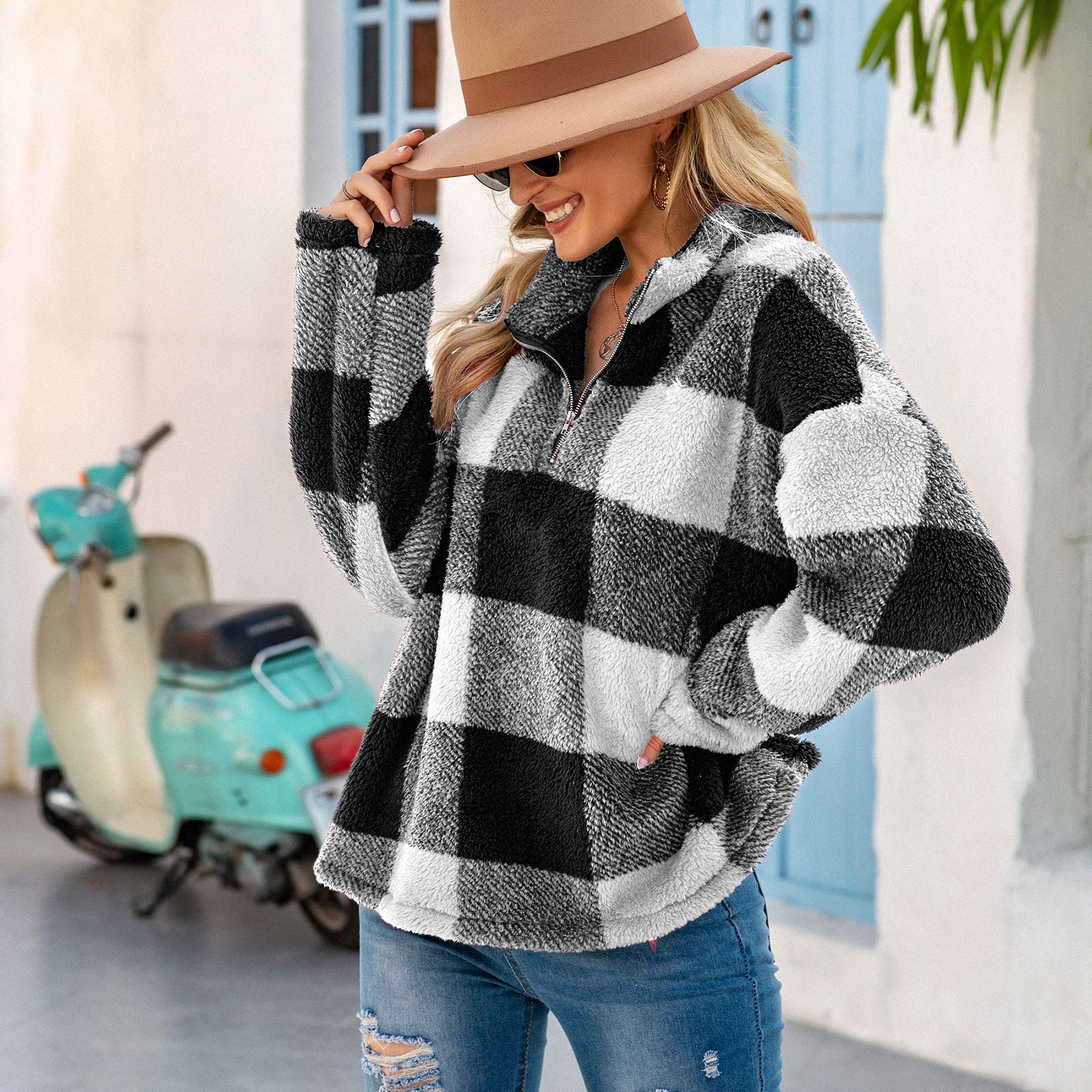 Suéter con cuello alto y cremallera de 1/4 de Buffalo Plaid