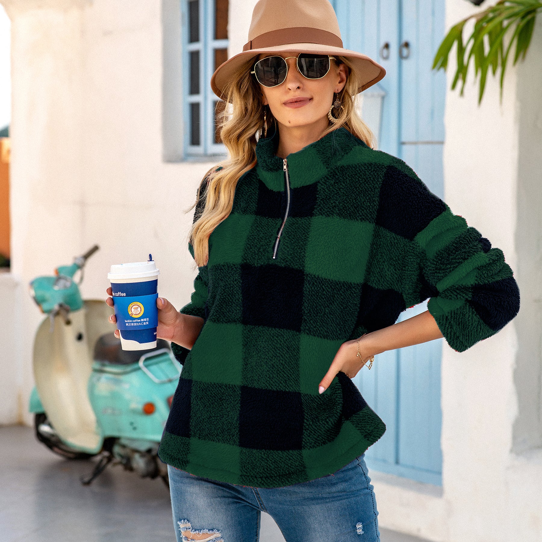 Suéter con cuello alto y cremallera de 1/4 de Buffalo Plaid