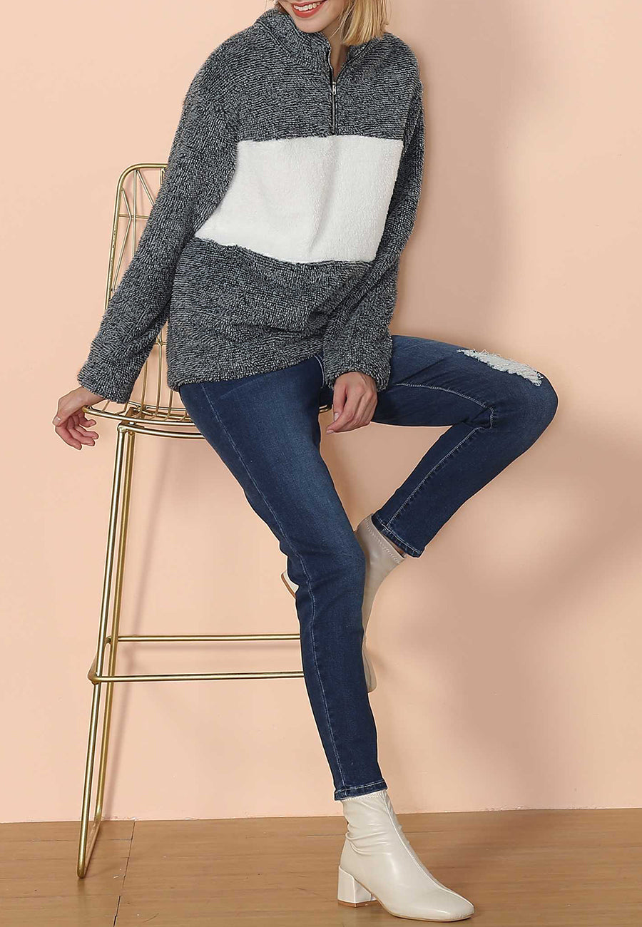 Fluffy Two Tone Color Block Quarter Zip Sweater Warm Faux Fur for Women