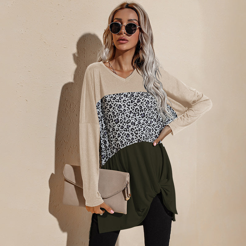 Camiseta de manga larga con estampado de leopardo y bloques de color