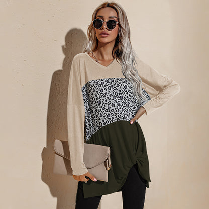 Camiseta de manga larga con estampado de leopardo y bloques de color