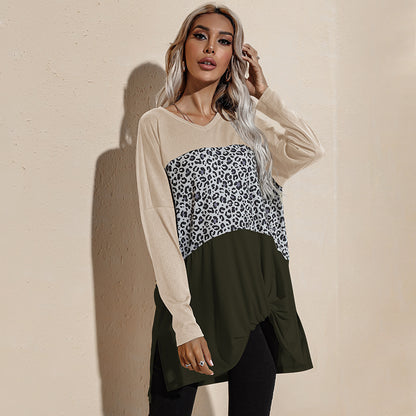 Camiseta de manga larga con estampado de leopardo y bloques de color