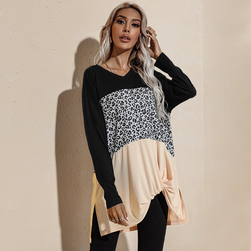 Camiseta de manga larga con estampado de leopardo y bloques de color