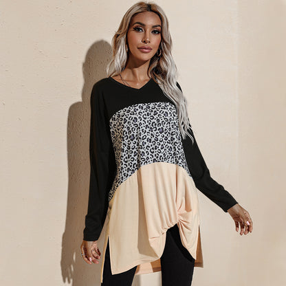 Camiseta de manga larga con estampado de leopardo y bloques de color