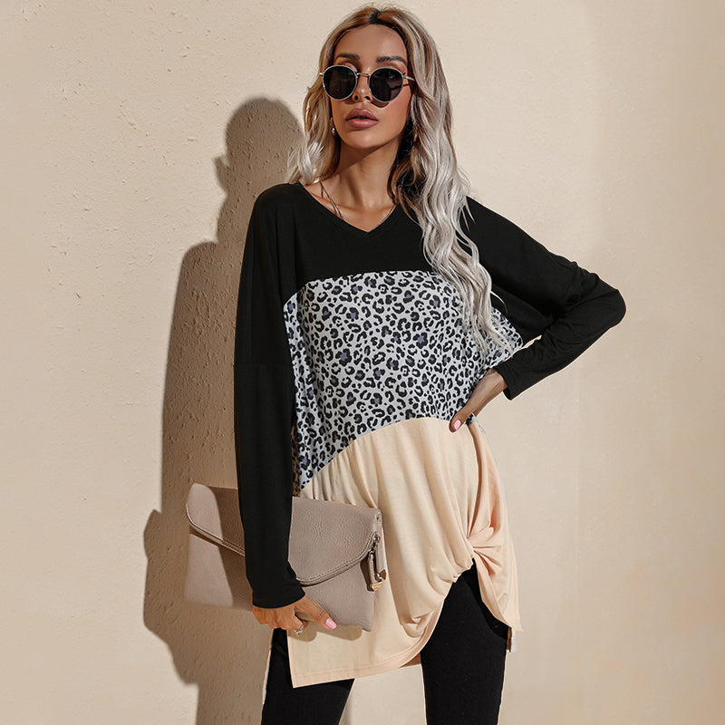 Camiseta de manga larga con estampado de leopardo y bloques de color
