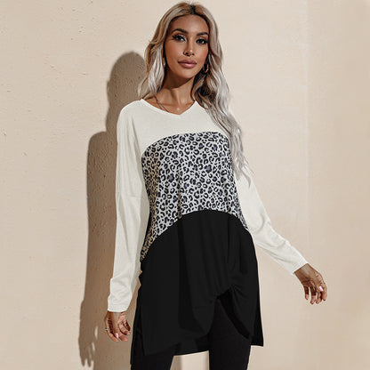 Camiseta de manga larga con estampado de leopardo y bloques de color