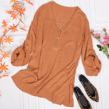 Henley Knit Cuffed Long Sleeve