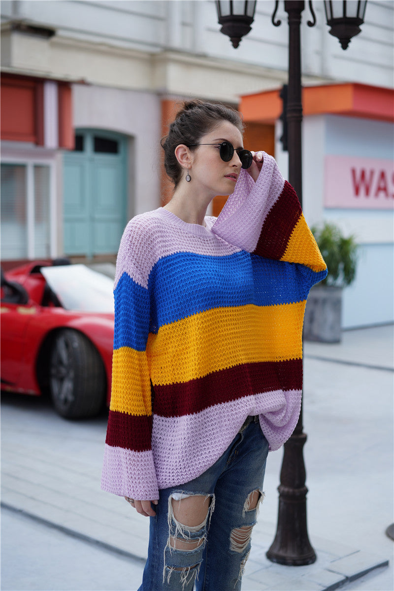 Suéter de punto ligero con bloques de colores a rayas