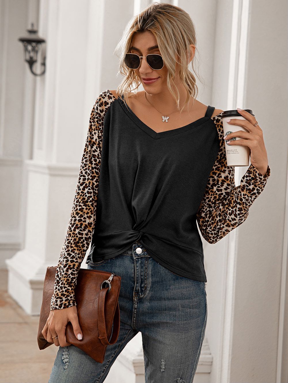 Cheetah Print Long Sleeve Two Tone Top