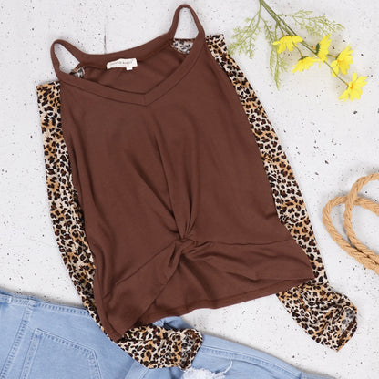 Cheetah Print Long Sleeve Two Tone Top