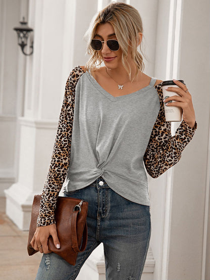 Cheetah Print Long Sleeve Two Tone Top