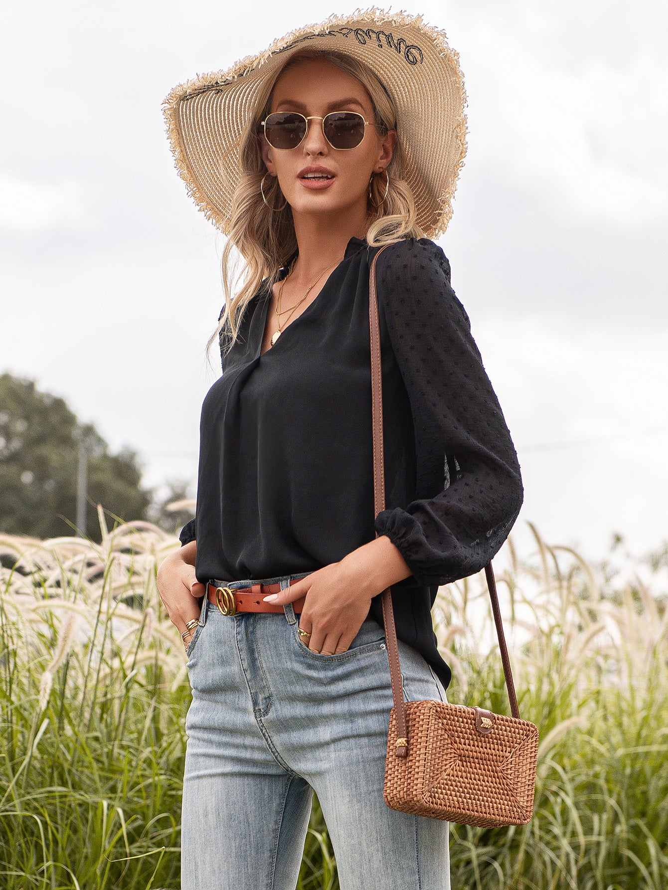 Blusa de manga larga con lunares y campana Clip