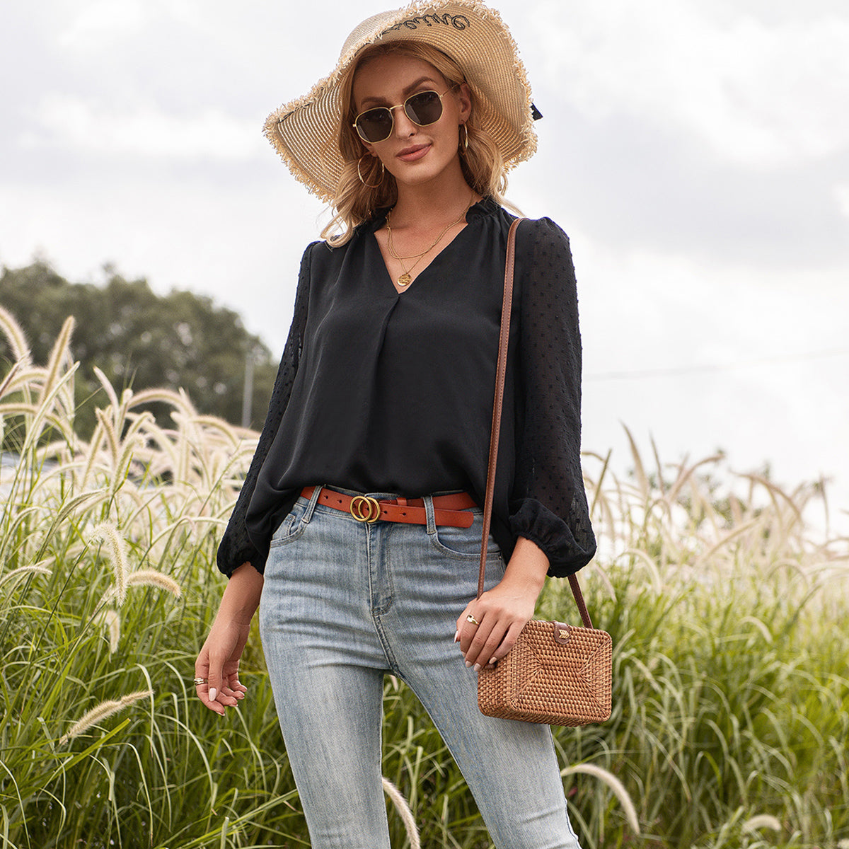 Clip Dot Bell Long Sleeve Blouse