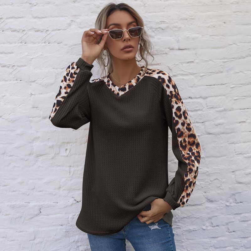 Leopard Panel Waffle Knit V Neck Sweater