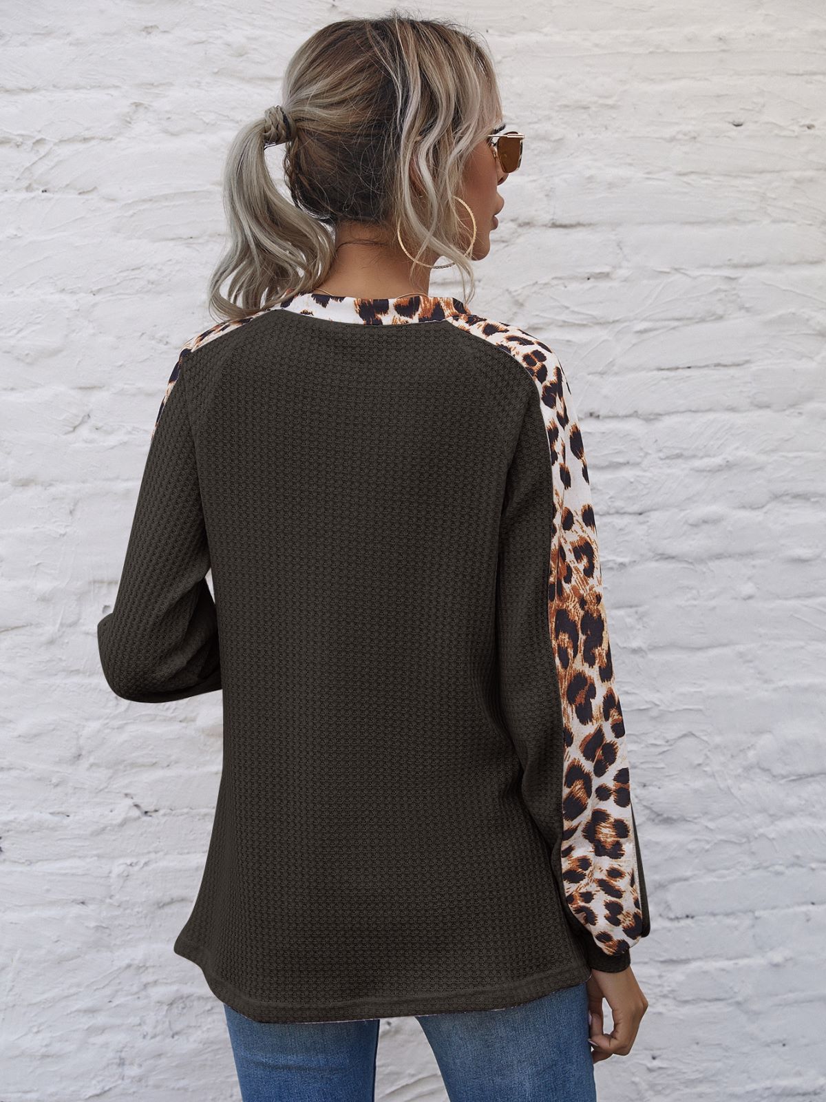 Leopard Panel Waffle Knit V Neck Sweater