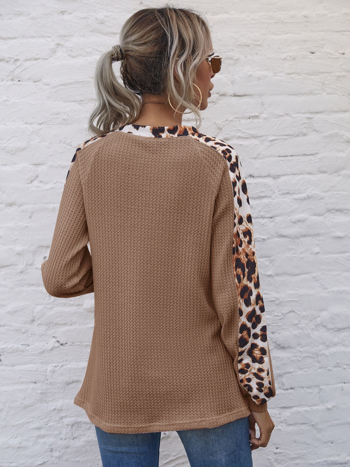 Leopard Panel Waffle Knit V Neck Sweater