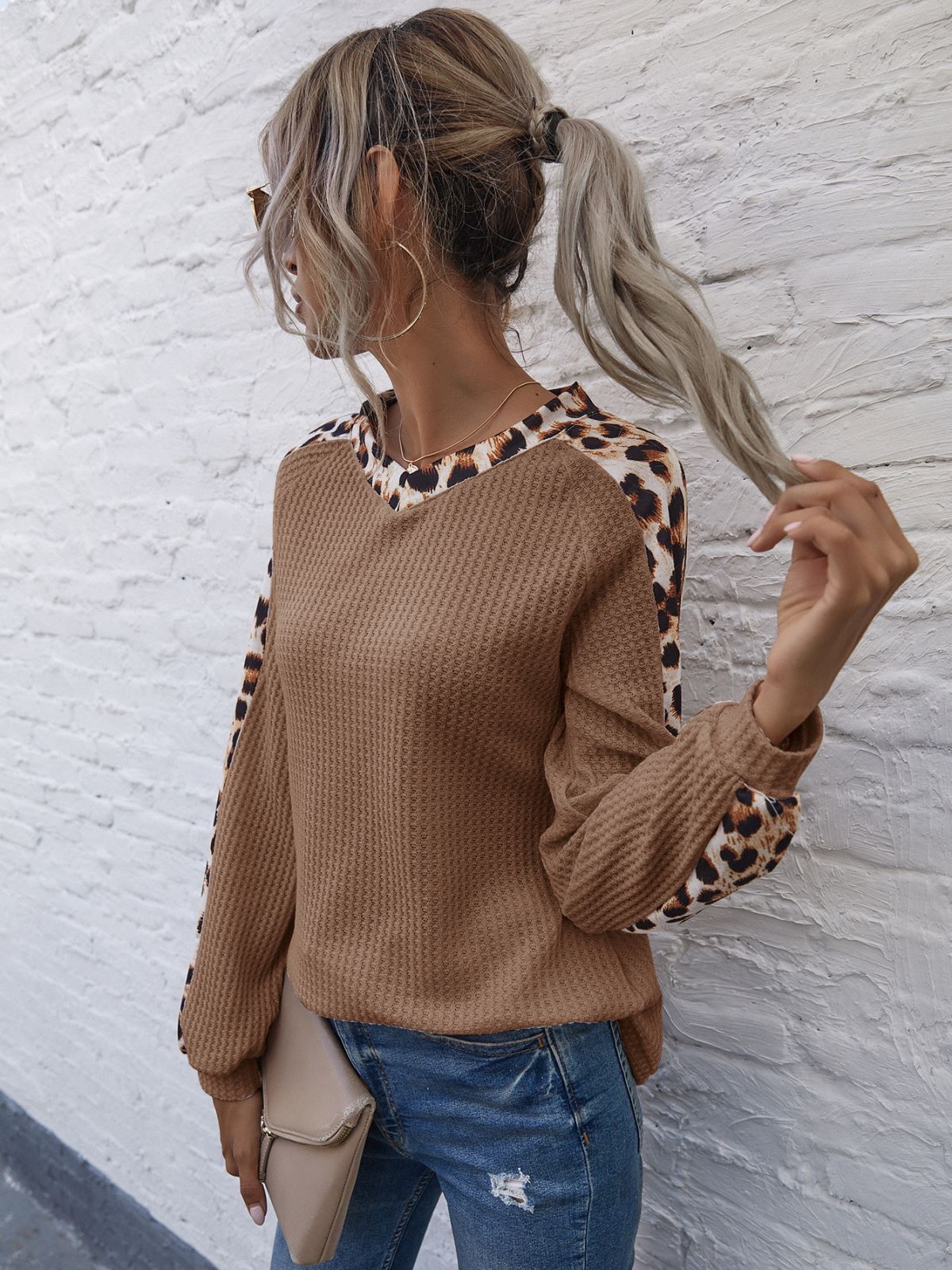 Leopard Panel Waffle Knit V Neck Sweater