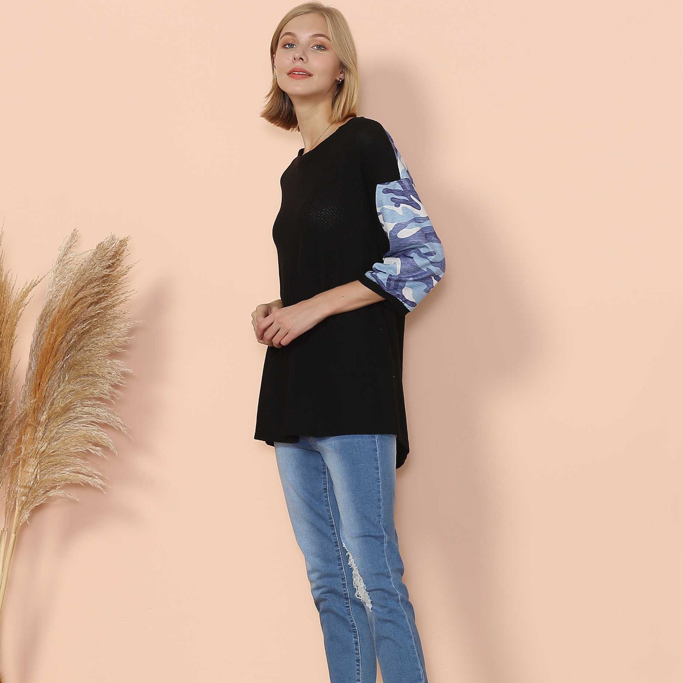 Camouflage Panel Waffle Knit Sweater