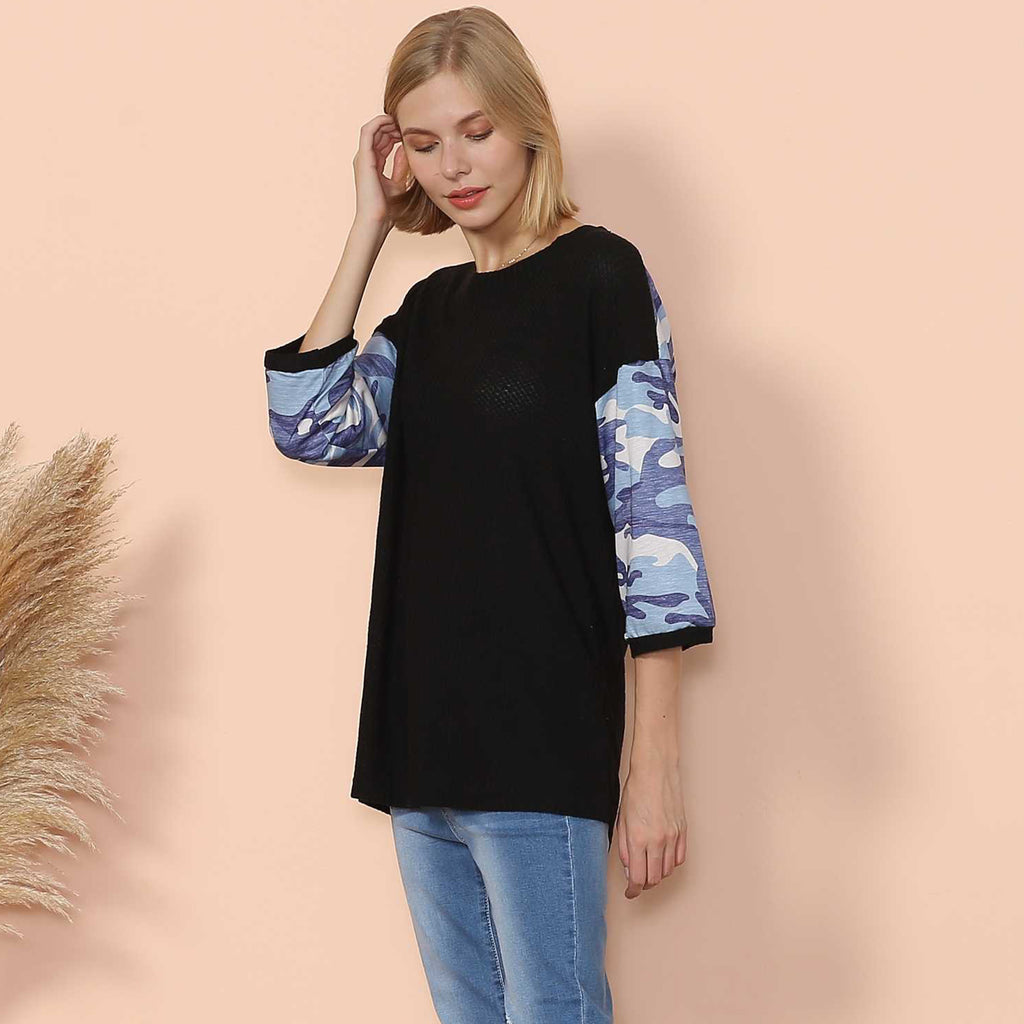 Camouflage Panel Waffle Knit Sweater
