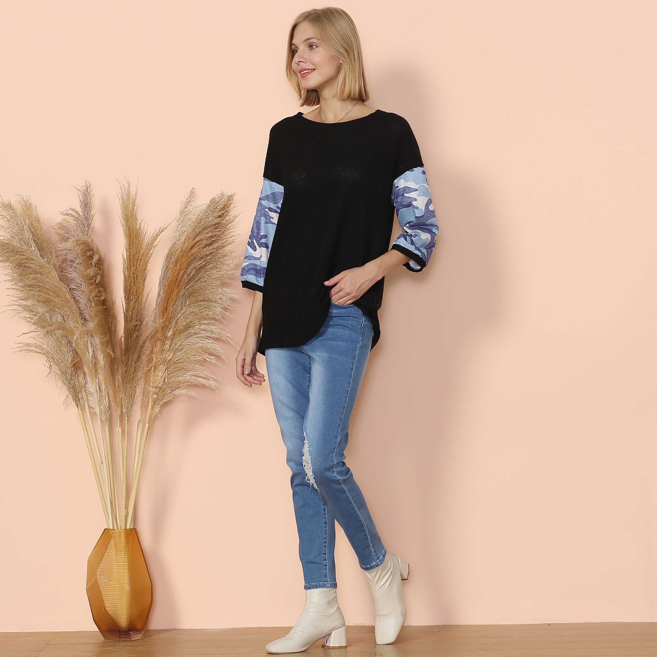Camouflage Panel Waffle Knit Sweater