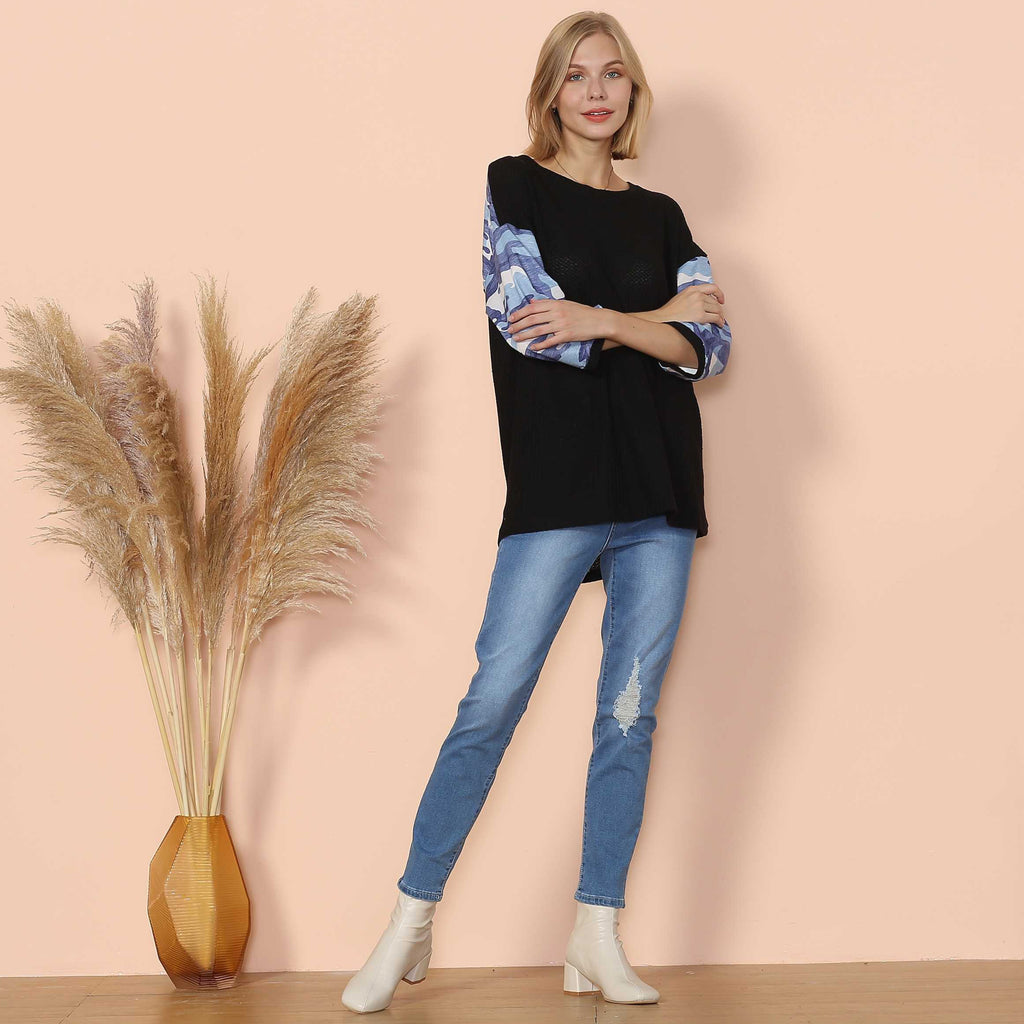 Camouflage Panel Waffle Knit Sweater