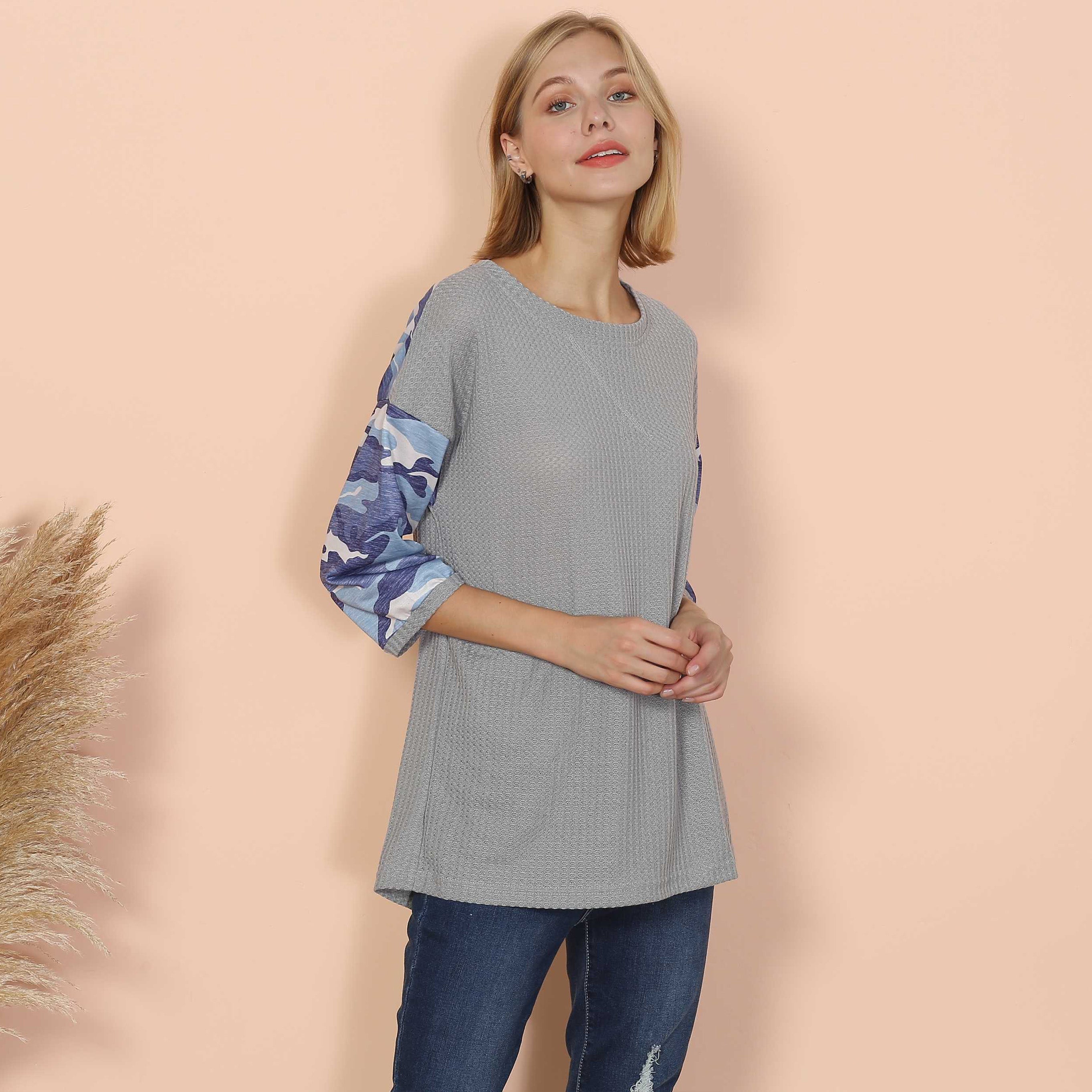 Camouflage Panel Waffle Knit Sweater