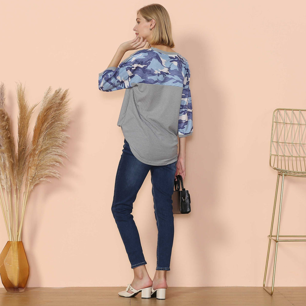 Camouflage Panel Waffle Knit Sweater