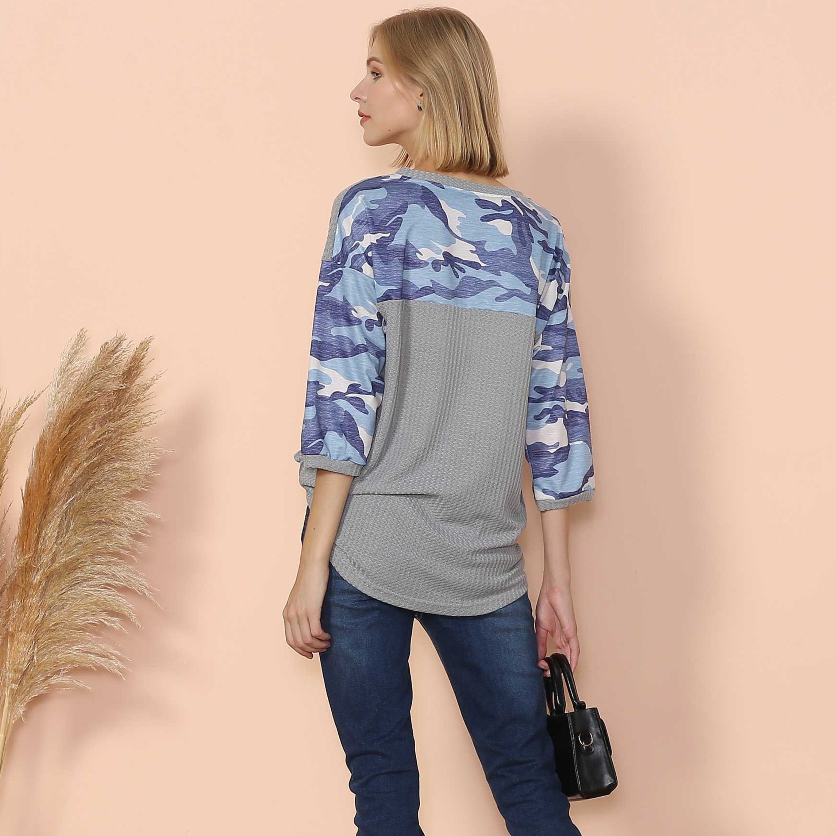 Camouflage Panel Waffle Knit Sweater