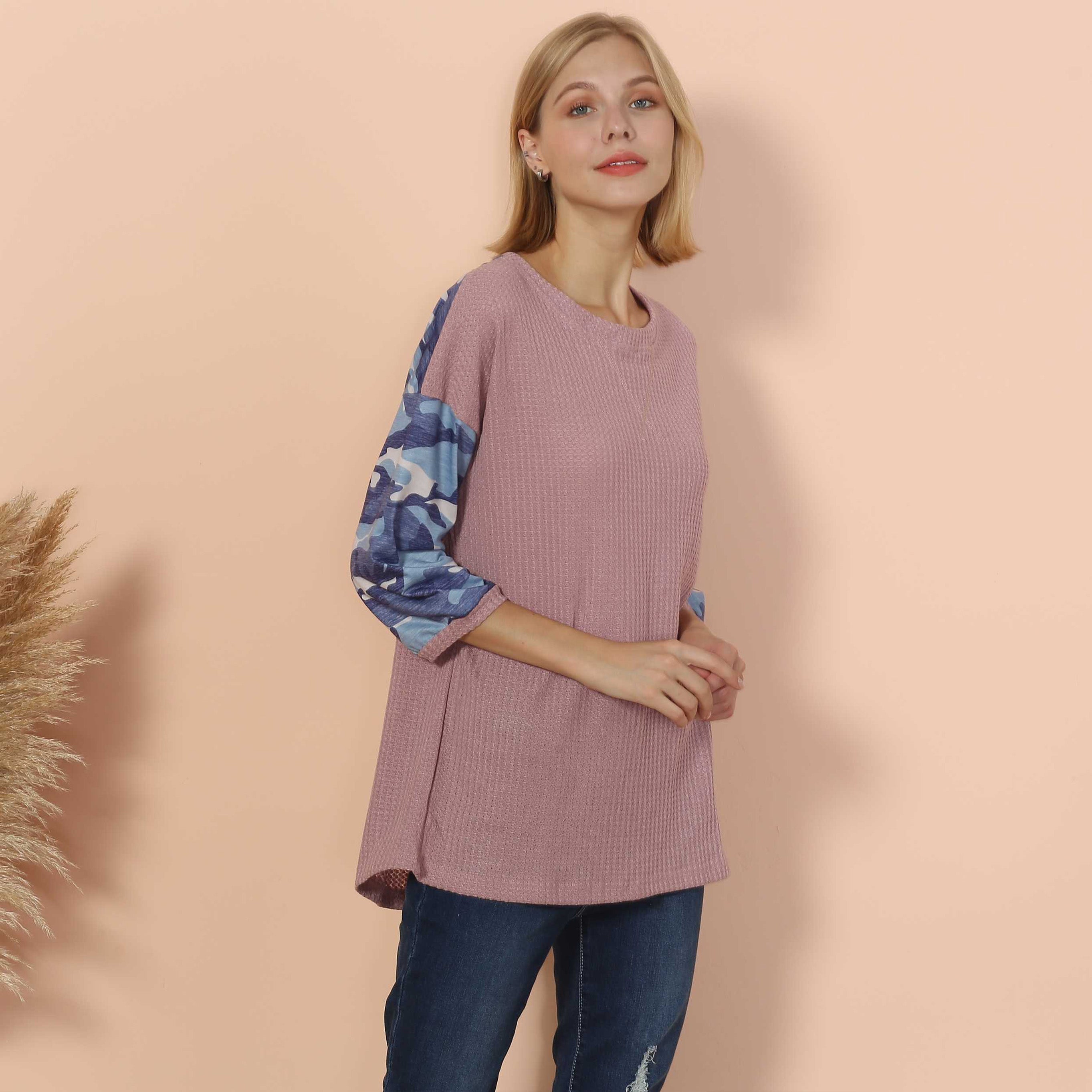 Camouflage Panel Waffle Knit Sweater