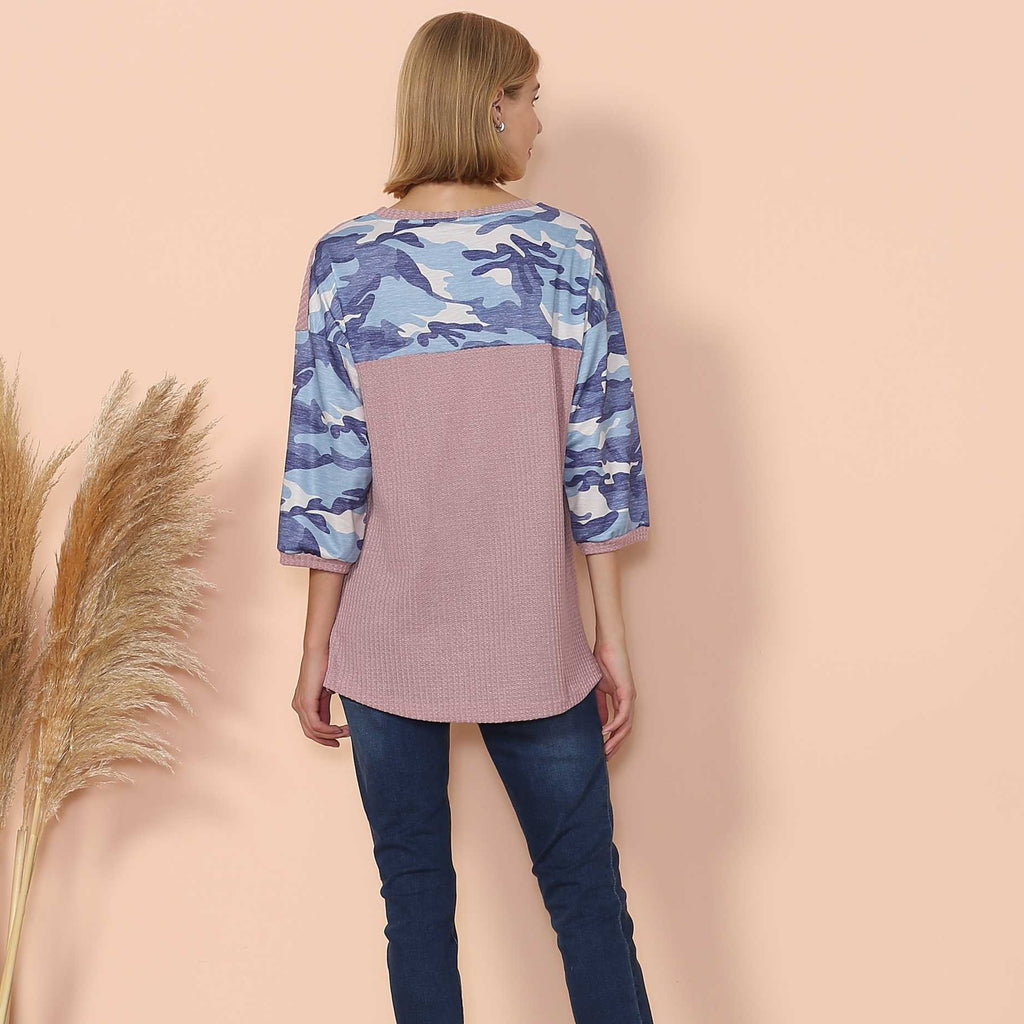 Camouflage Panel Waffle Knit Sweater
