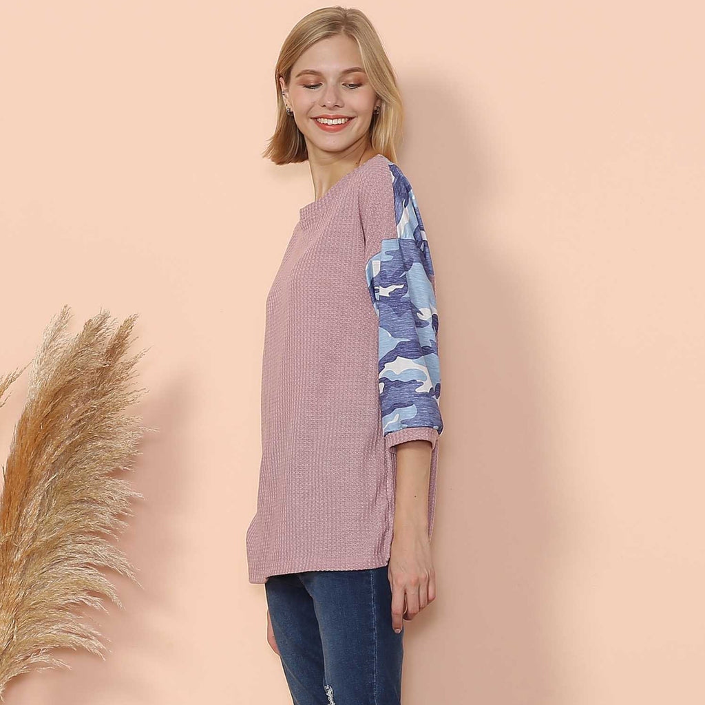 Camouflage Panel Waffle Knit Sweater