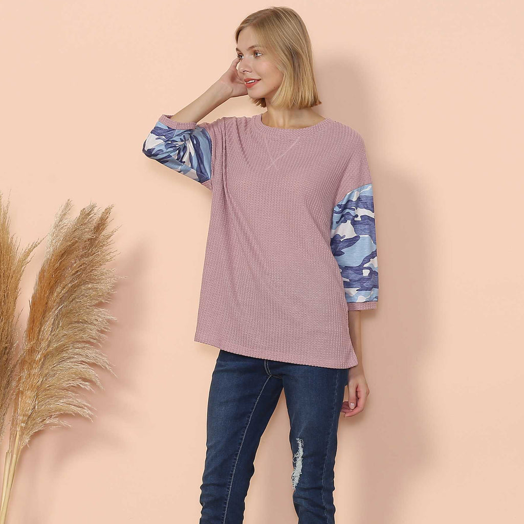 Camouflage Panel Waffle Knit Sweater
