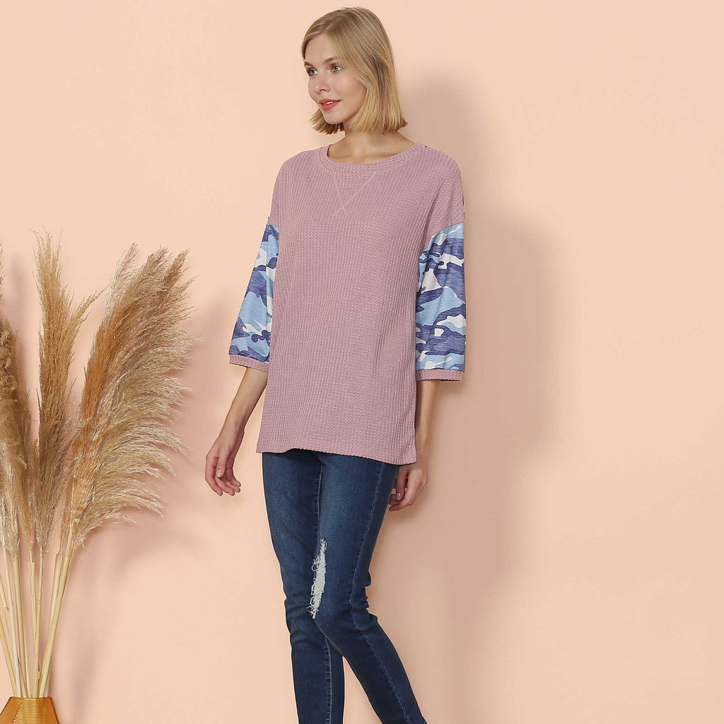 Camouflage Panel Waffle Knit Sweater