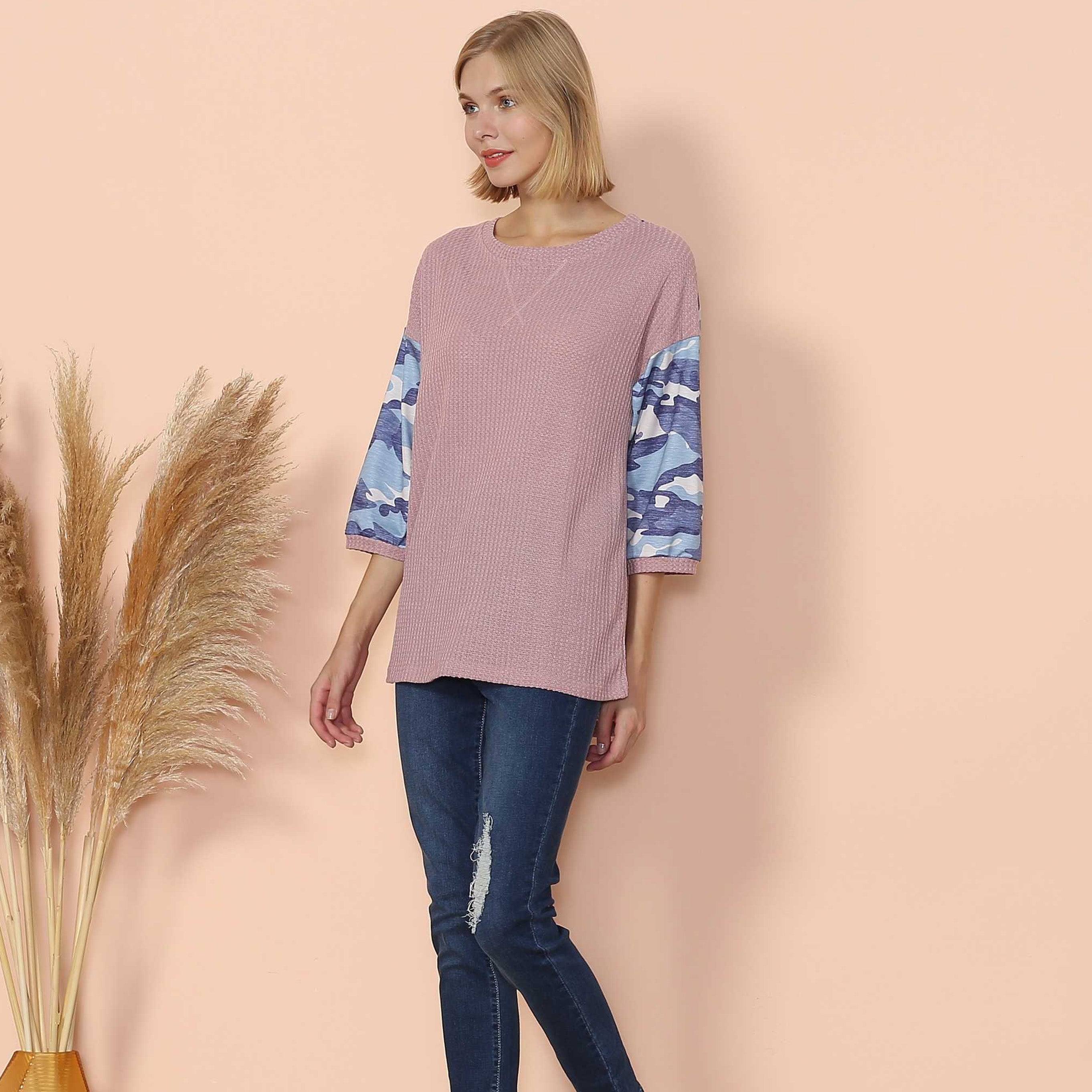 Camouflage Panel Waffle Knit Sweater