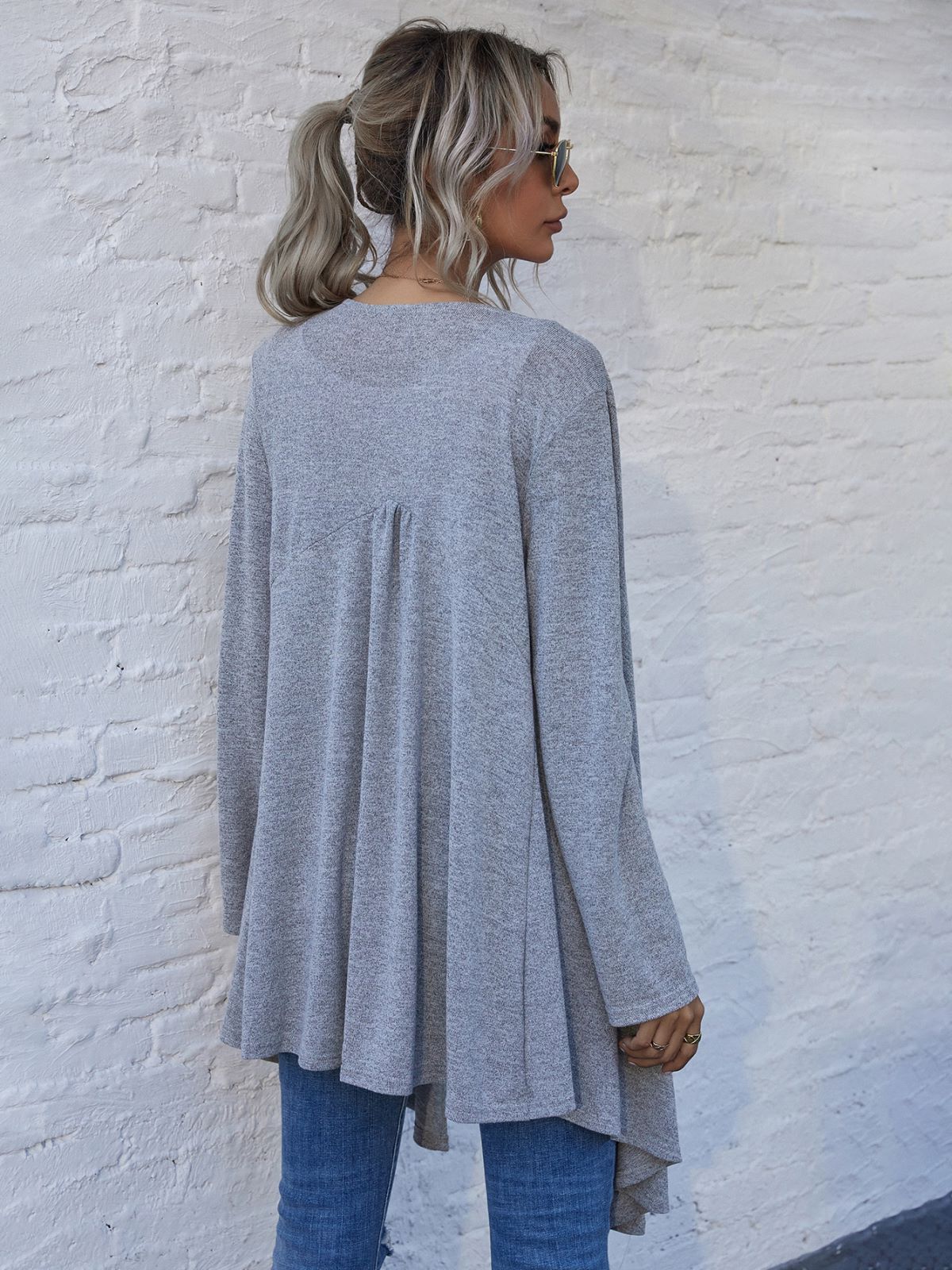 Solid Color Open Front Asymmetrical Hem Long Cardigan for